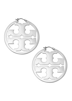 Tory Burch Miller Silvertone Logo Hoop Earrings