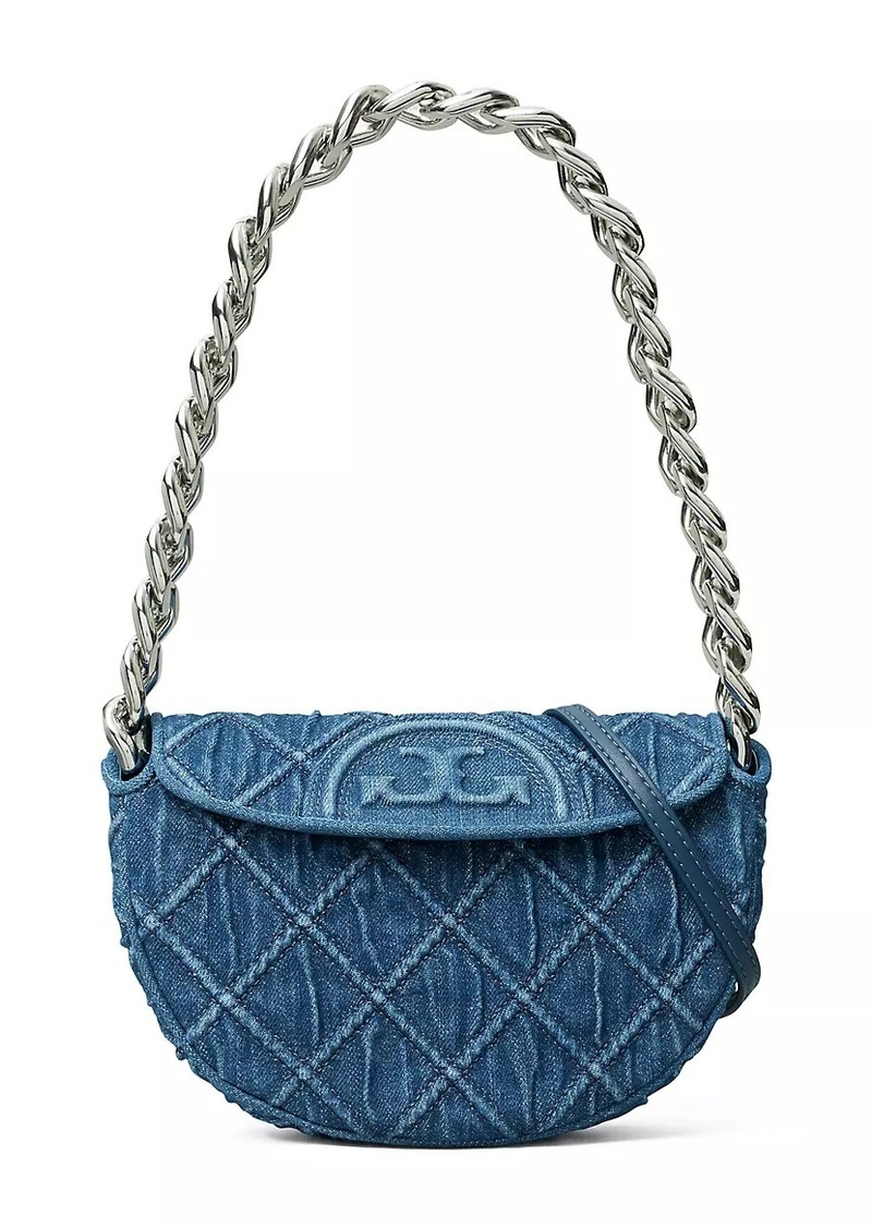 Tory Burch Mini Fleming Quilted Denim Crescent Shoulder Bag