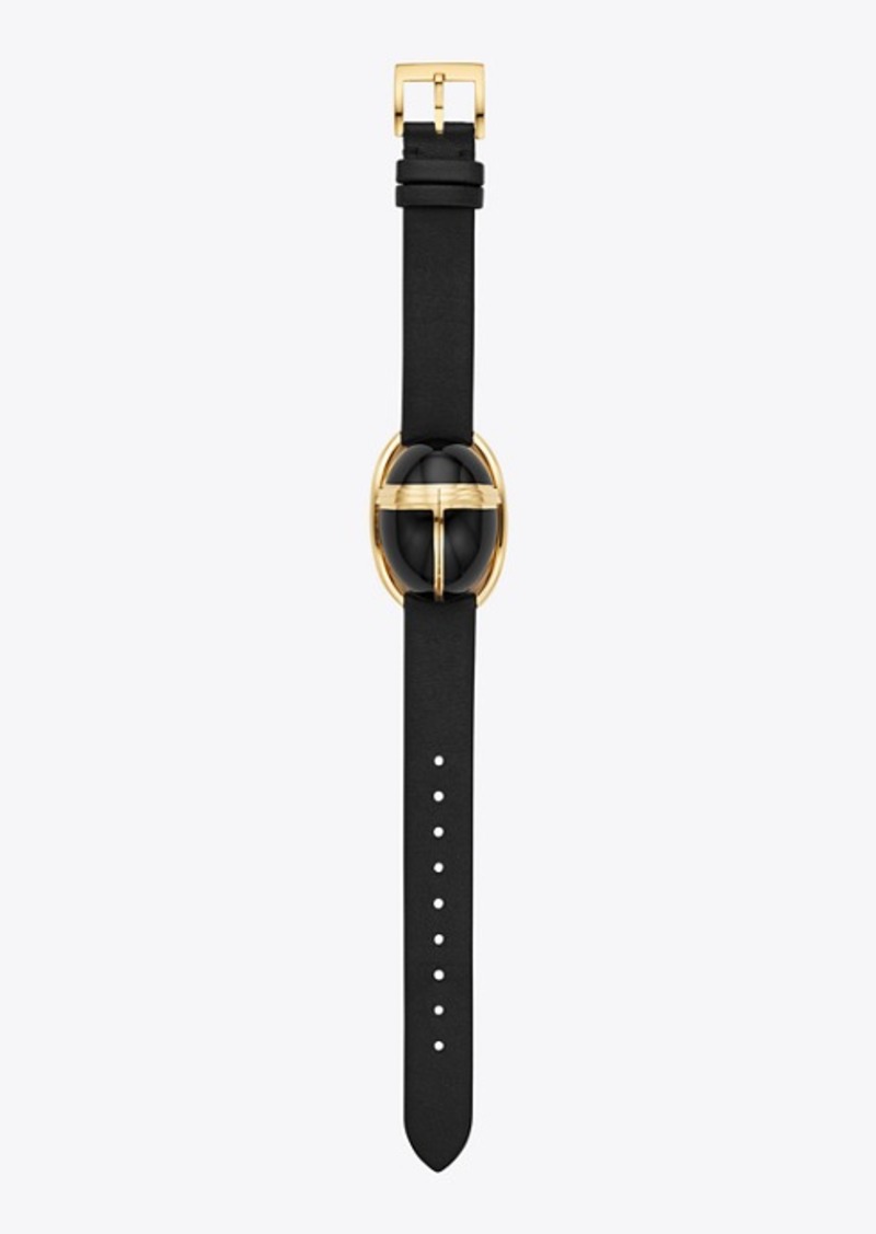Tory Burch Scarab Watch, Black Leather/Gold-Tone, 19 X 32 MM | Jewelry