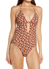 Tory Burch Basket Weave Print Ring One-Piece Swimsuit in Rust Little Leaves at Nordstrom