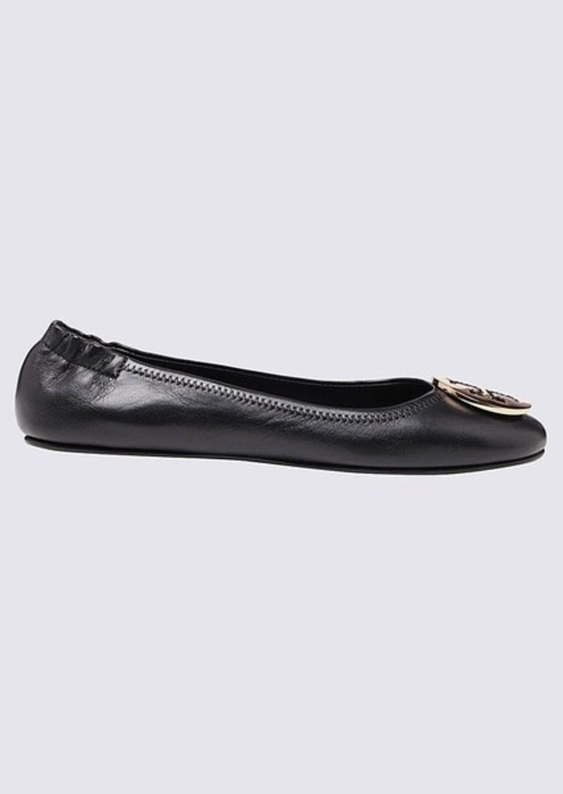 TORY BURCH BLACK LEATHER MINNIE TRAVEL BALLERINA SHOES