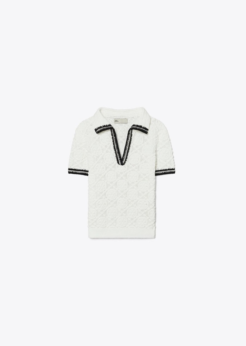 Tory Burch Cotton Pointelle Knitted Polo Shirt