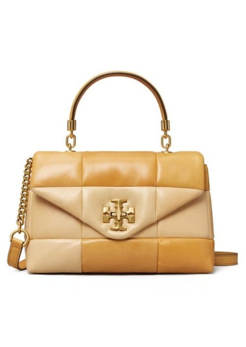Tory Burch Kira Small Patchwork Leather Satchel in Golden Straw Mix at Nordstrom