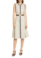 Tory Burch Leather Trim Linen Midi Dress in New Ivory/Safari Heavy Linen at Nordstrom