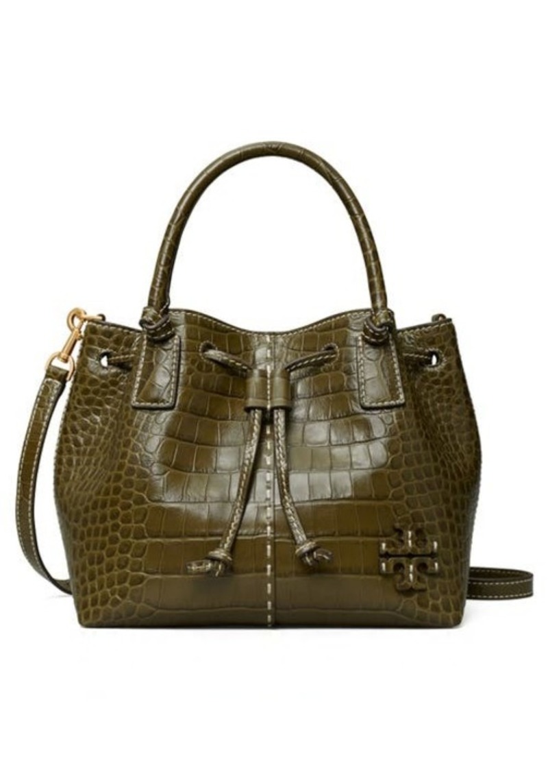 Tory Burch McGraw Small Drawstring Embossed Leather Satchel in New Olive at Nordstrom