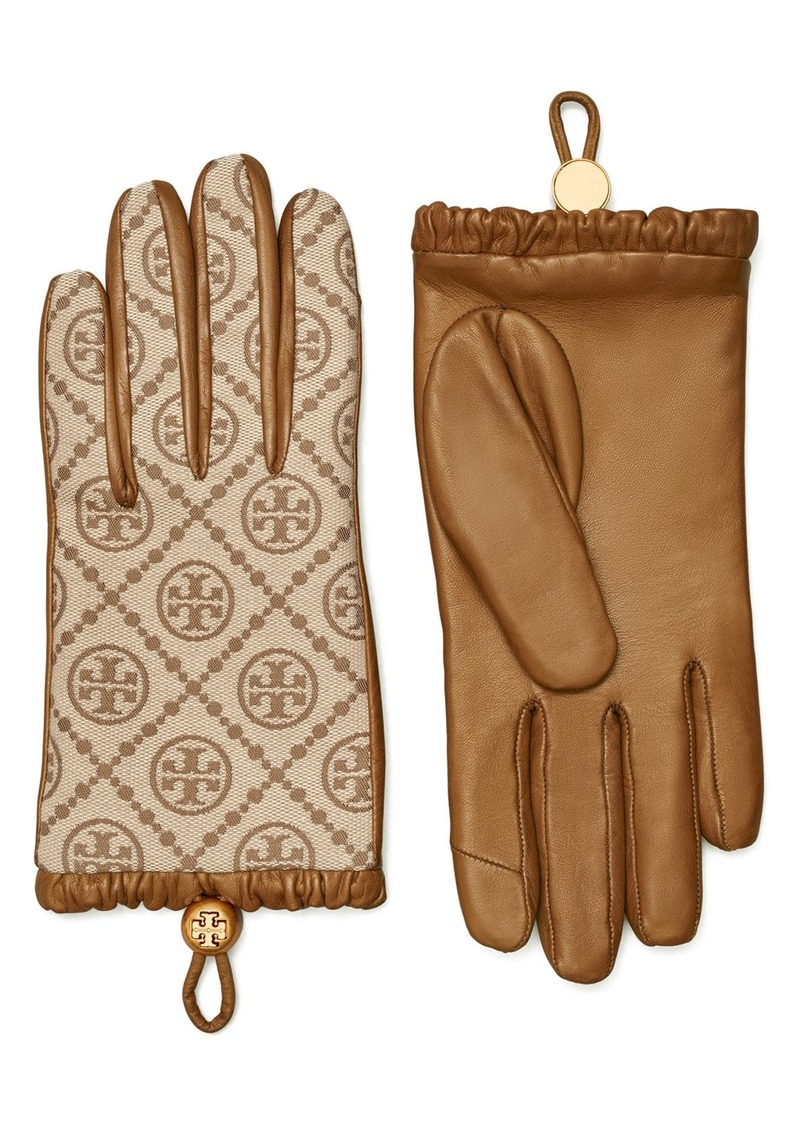 Tory Burch T Monogram Jacquard & Leather Gloves in Hazel /Bistro Brown at Nordstrom
