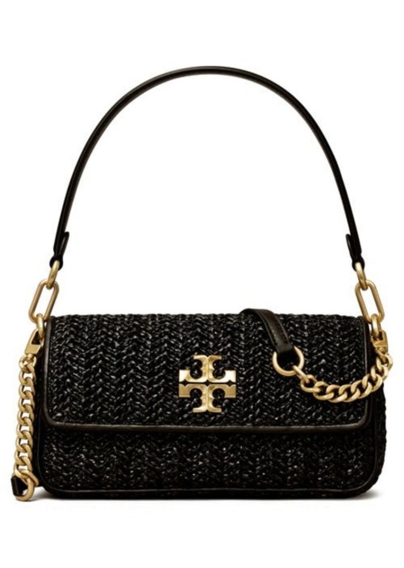 Tory Burch Small Kira Chevron Lacquered Raffia Flap Shoulder Bag in Black at Nordstrom