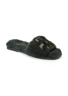 Tory Burch Double T Genuine Shearling Sport Slide Sandal in Green/Gold at Nordstrom