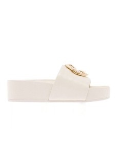 Tory Burch Woven Platform Slides with Logo Plaque in White Leather Woman