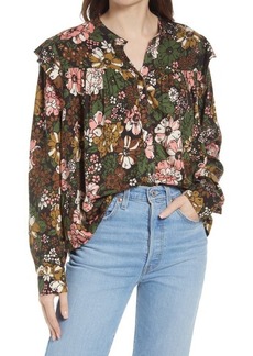 Treasure & Bond Floral Ruffle Trim Button-Up Shirt in Brown- Pink Picnicbunch at Nordstrom
