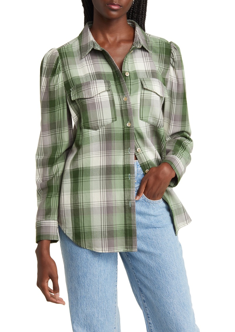 Treasure & Bond Puff Shoulder Button-Up Shirt in Green P- Ivory Hilda Plaid at Nordstrom Rack