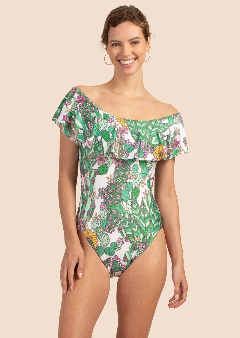 Trina Turk LICENSEE  CACTI OFF THE SHOULDER RUFFLE ONE PIECE / MULTI