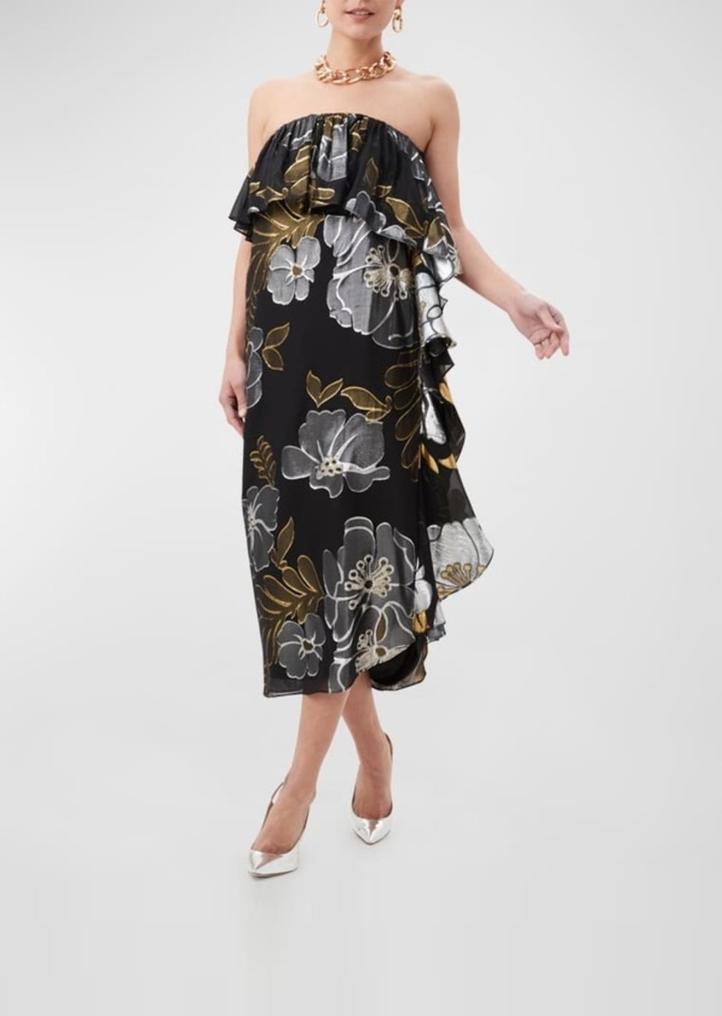 Trina Turk Itsuki Strapless Floral-Print Ruffle Midi Dress