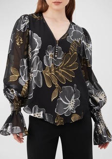 Trina Turk Kaito Floral-Print Blouson-Sleeve Blouse