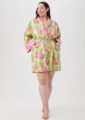 Trina Turk KOMAR - BEDHEAD  KIWI PINEAPPLE WOMEN'S LONG SLEEVE SHORT SCALLOP POPLIN ROBE / MULTI