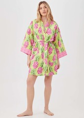 Trina Turk KOMAR - BEDHEAD  KIWI PINEAPPLE WOMEN'S LONG SLEEVE SHORT SCALLOP POPLIN ROBE / MULTI