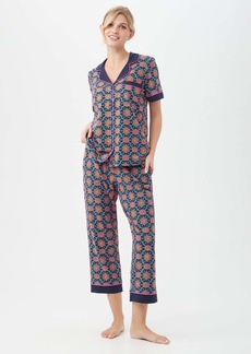 Trina Turk KOMAR - BEDHEAD  ROYAL FOULARD WOMEN'S SHORT SLEEVE CROPPED PANT JERSEY PJ SET / NAVY