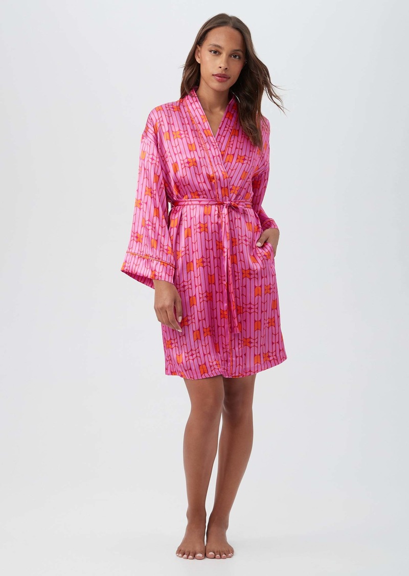 Trina Turk KOMAR - BEDHEAD  WALLPAPER GEO WOMEN'S LONG SLEEVE SHORT SILK ROBE / PINK