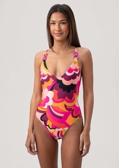 Trina Turk Swim Women's Fan Faire Twist Back Halter Plunge One Piece Swimsuit / Multi 12