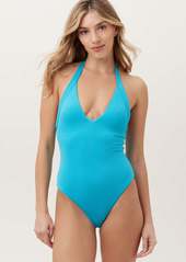 Trina Turk Swim Women's Ripple Rib Halter Plunge One Piece Swimsuit / Blue 12