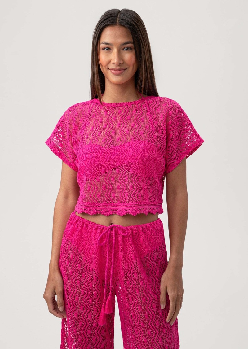 TRINA TURK SWIM  WOMEN'S WHIM SHEER CROCHET SHORT SLEEVE SWIM COVER-UP CROP TOP / ROSE