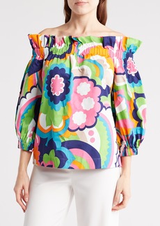 Trina Turk Admired Off the Shoulder Organic Cotton Top in Blue Multi at Nordstrom Rack