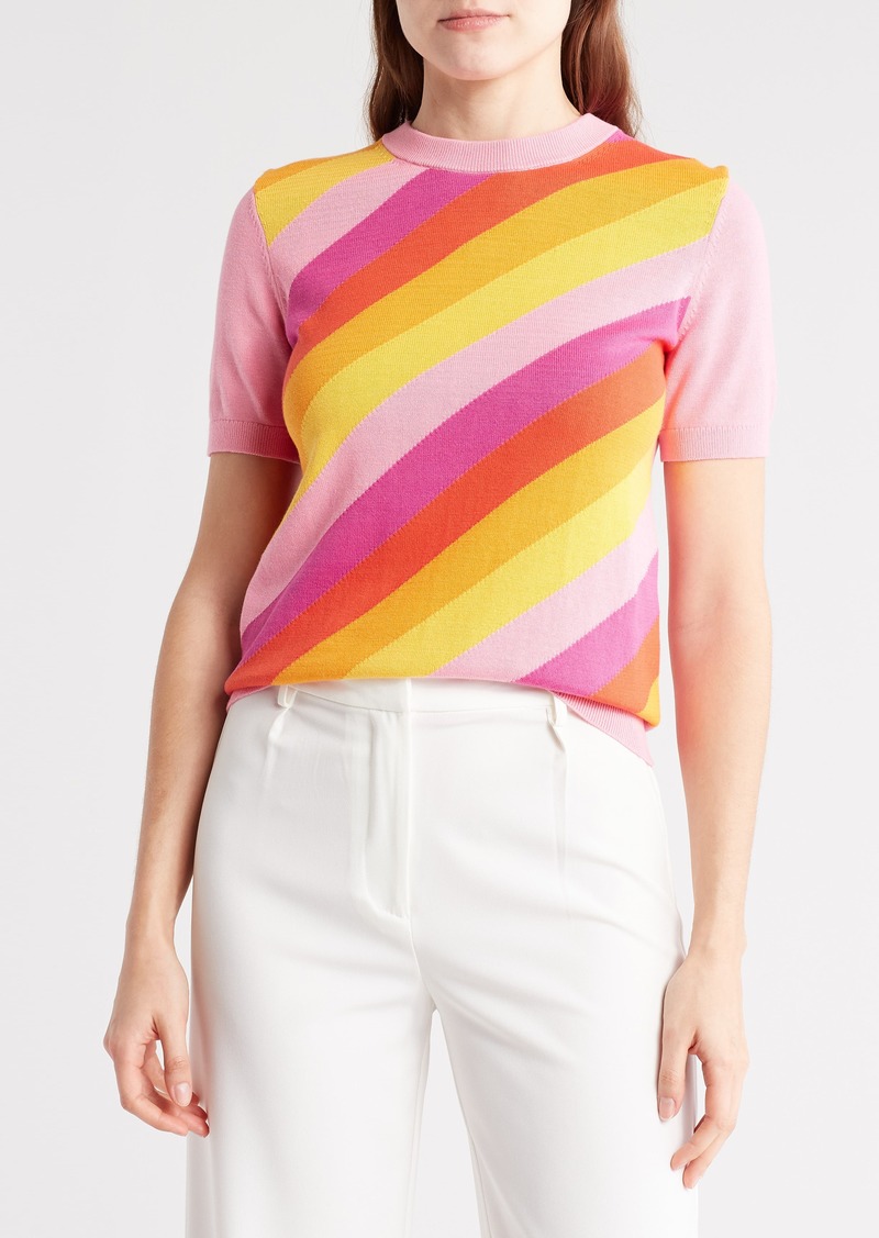 Trina Turk Corrine Stripe Short Sleeve Cotton Sweater in Cotton Candy Sky at Nordstrom Rack