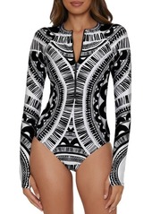 Trina Turk Hula Floral Half Zip Long Sleeve One-Piece Rashguard Swimsuit