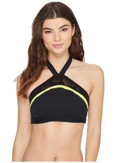 Trina Turk Recreation Women's Lace and Shine High Neck Sports Bra with Adjustable Neck Tie  L