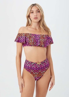 TRINA TURK SWIM  WOMEN'S ECHO OFF THE SHOULDER RUFFLE BANDEAU SWIM TOP / MULTI