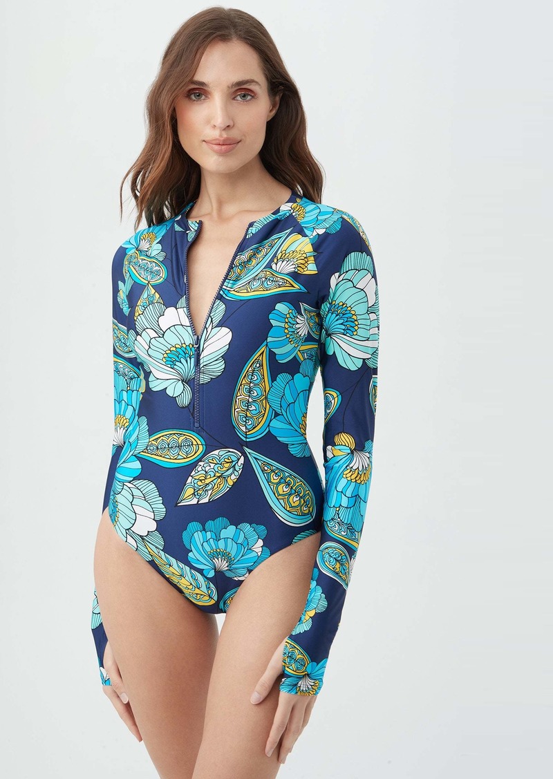 TRINA TURK SWIM  WOMEN'S PIROUETTE LONG SLEEVE ZIP UP ONE PIECE PADDLE SUIT / MULTI