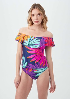 TRINA TURK SWIM  WOMEN'S WAILEA OFF THE SHOULDER RUFFLE TANKINI SWIM TOP / MULTI