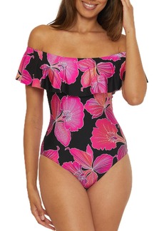 Trina Turk Women's Standard Fleury Ruffle One Piece Swimsuit Off Shoulder Floral Print Bathing Suits