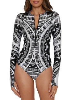 Trina Turk Women's Standard Hula One Piece Swimsuit Long Seelve Zip-Up Abstract Print Bathing Suits