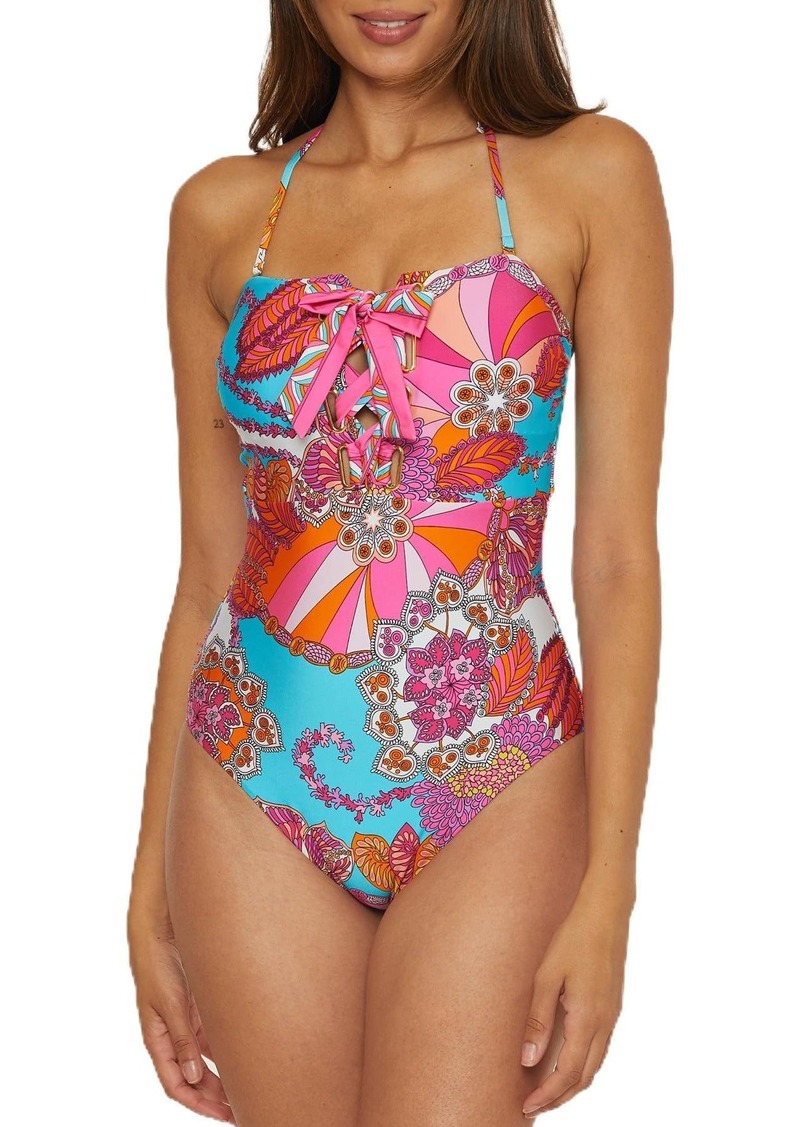Trina Turk Women's Standard Meilani Bandeau One Piece Swimsuit Floral Print Adjustable Tie Back Bathing Suits