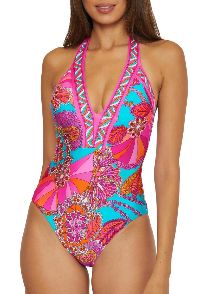 Trina Turk Women's Standard Meilani One Piece Swimsuit Plunge Neck Floral Print Bathing Suits