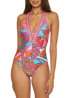 Trina Turk Women's Standard Meilani One Piece Swimsuit Plunge Neck Floral Print Bathing Suits