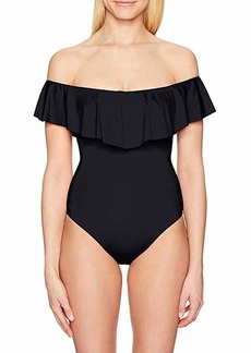 Trina Turk Women's Standard Off Shoulder Ruffle One Piece Swimsuit Black/Key Solids