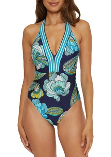 Trina Turk Women's Standard Pirouette Halter Maillot One Piece Swimsuit Plunge V-Neck Floral Print Bathing Suits
