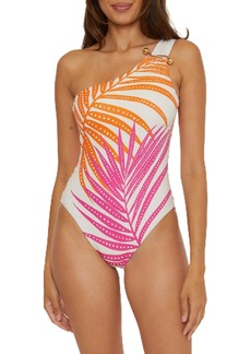 Trina Turk Women's Standard Sheer Maillot Piece Swimsuit One Shoulder Tropical Palm Leaf Print Bathing Suits
