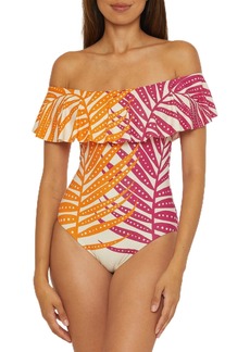 Trina Turk Women's Standard Sheer One Piece Swimsuit Off Shoulder Tropical Palm Leaf Print Bathing Suits