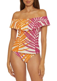 Trina Turk Women's Standard Sheer Tankini Off Shoulder Tropical Palm Leaf Print Beach Cover Ups