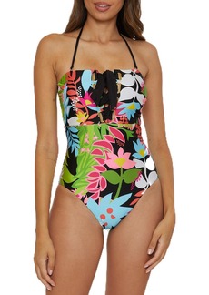 Trina Turk Women's Standard Tiki Bandeau One Piece Swimsuit Floral Print Adjustable Tie Back Bathing Suits