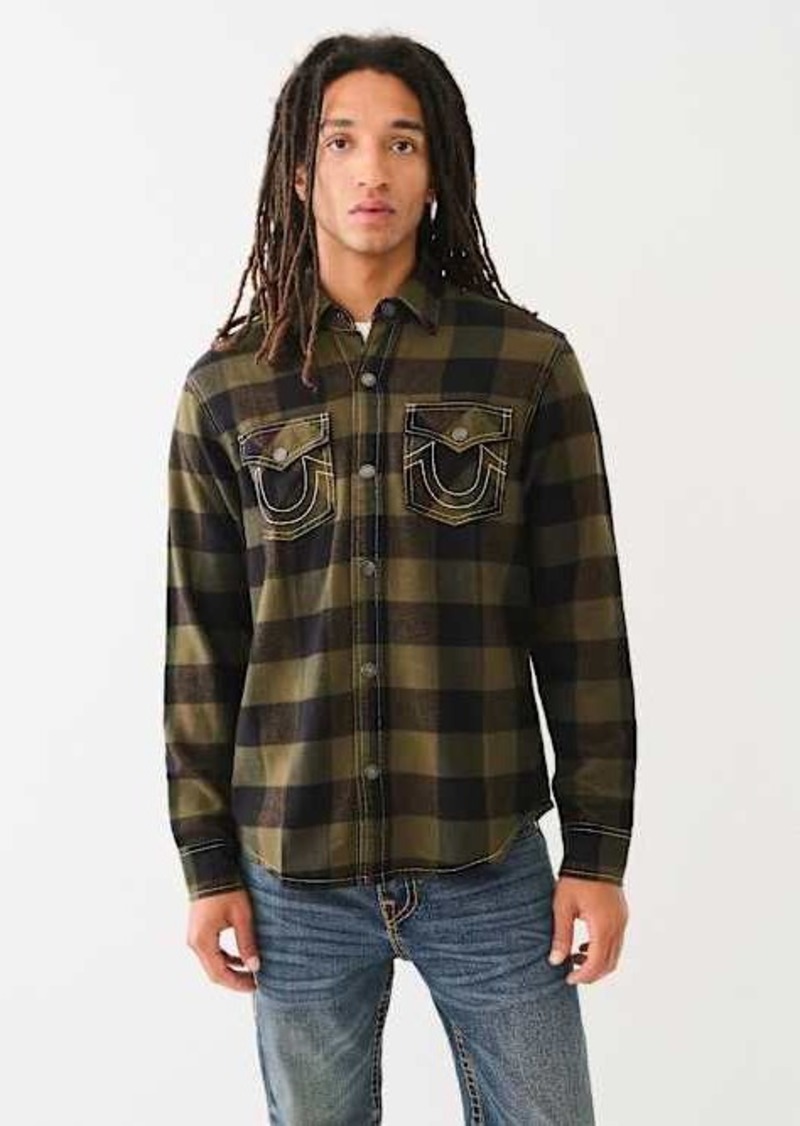 True Religion Men's Brushed Flannel Logo Shacket