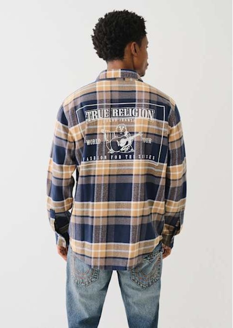 True Religion Men's Brushed Flannel Logo Shacket