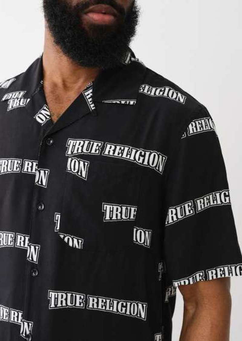True Religion Men's Monogram Logo Camp Collar Shirt