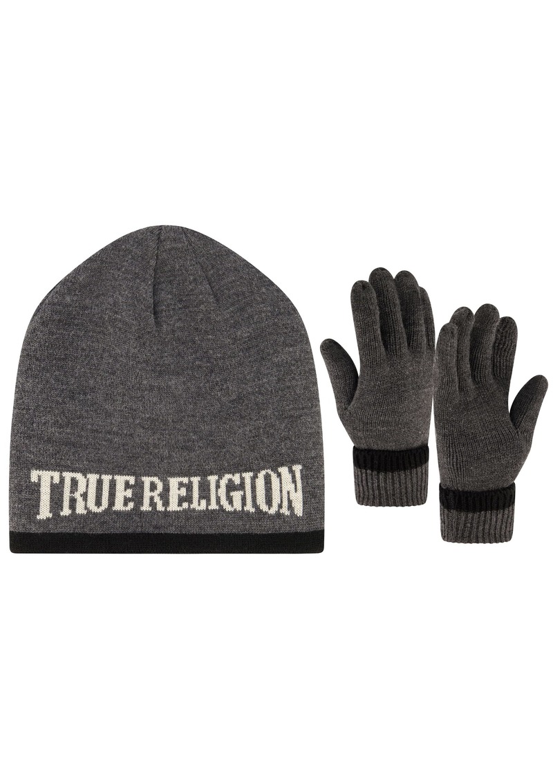 True Religion and Gloves Set Faux Sherpa Lined Cuff Winter Knit Cap Fleece Mittens Beanie Hat