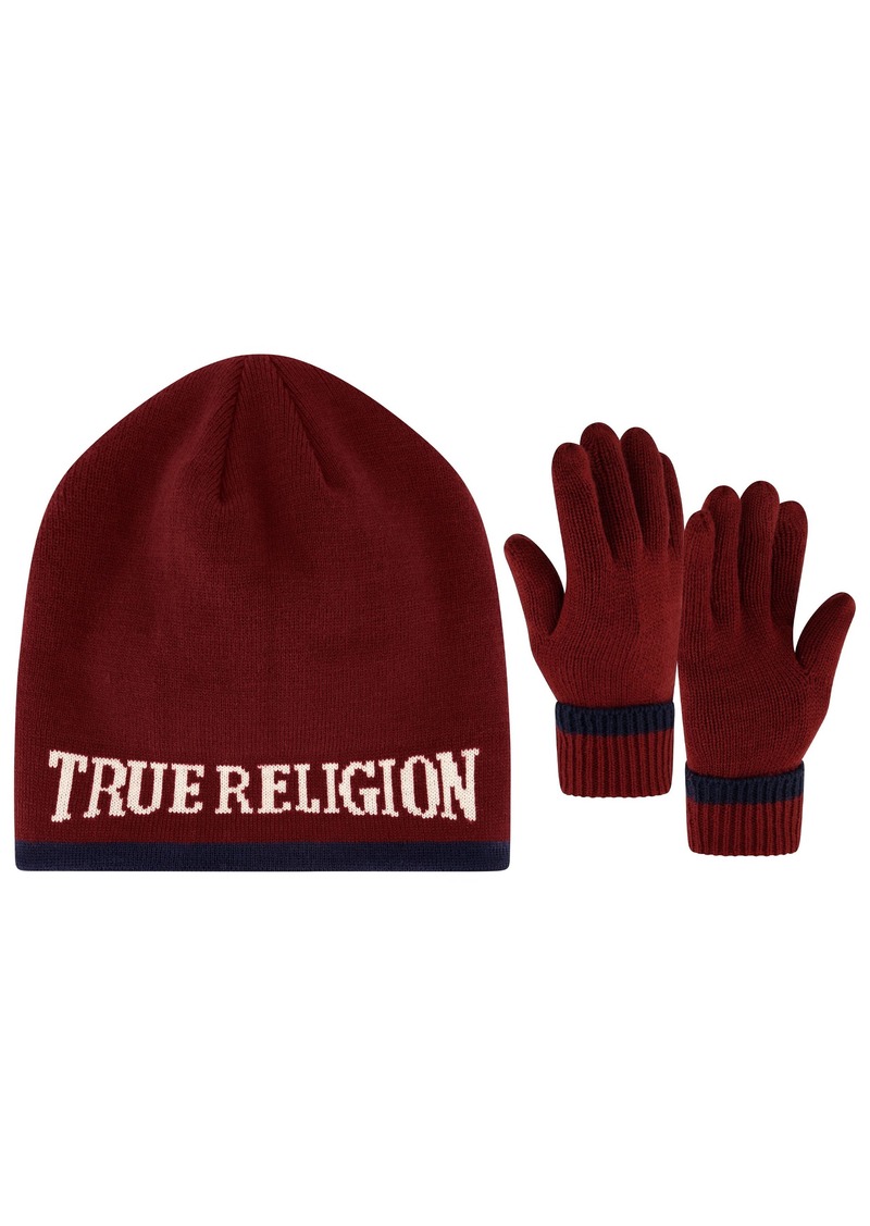 True Religion and Gloves Set Faux Sherpa Lined Cuff Winter Knit Cap Fleece Mittens Beanie Hat   US