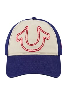 True Religion Baseball Cap, 5 Panel Cotton Twill Boys Baseball Hat with Large Horseshoe Logo, Adjustable, Blue - Navy