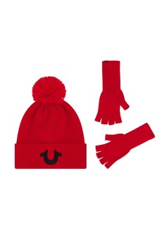 True Religion Beanie Hat and Fingerless Gloves Set Cuffed Winter Knit Cap with Pom and Matching Mittens